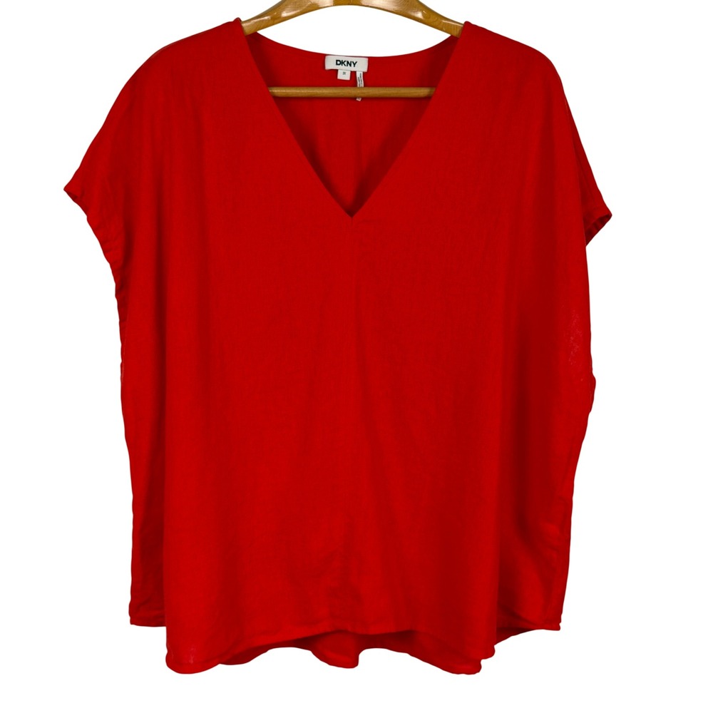 DKNY Plus Size 3X Orange Red Linen Blend V-Neck Top Relaxed Fit